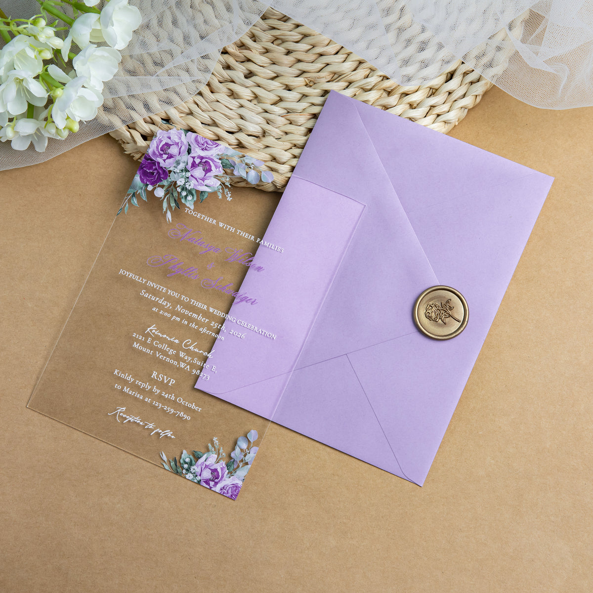 PONATIA 1mm/0.04'' Clear Acrylic Flower Wedding Invitation Cards  and Lilac Envelopes