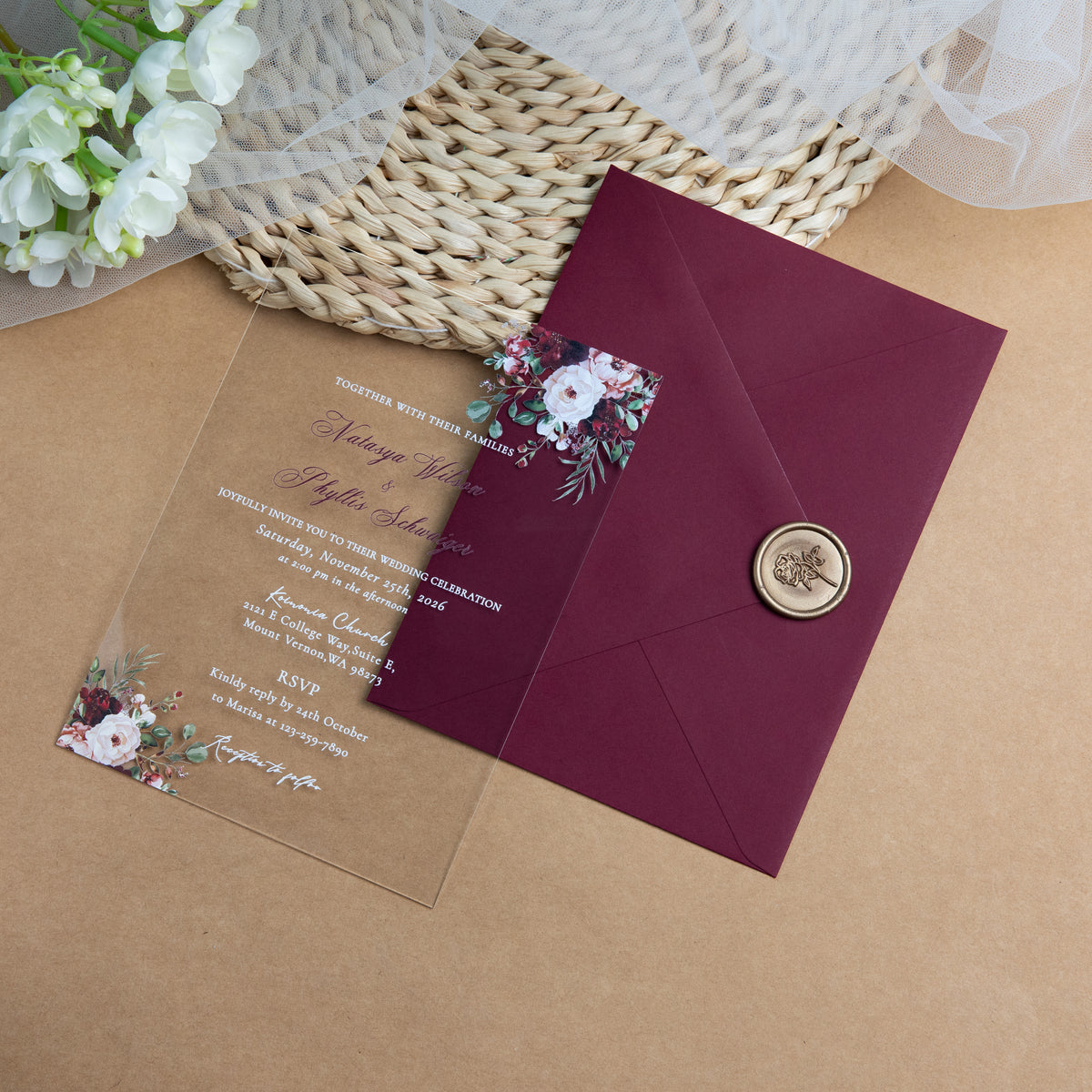 PONATIA 1mm/0.04'' Clear Acrylic Flower Wedding Invitation Cards  and Burgundy Envelopes