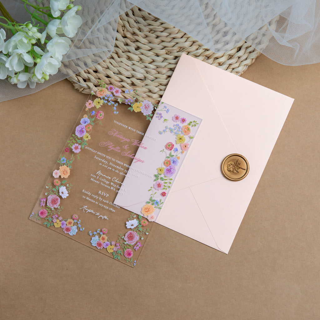 PONATIA 1mm/0.04'' Clear Acrylic Floral Wedding Invitation Cards  and Light Pink Envelopes