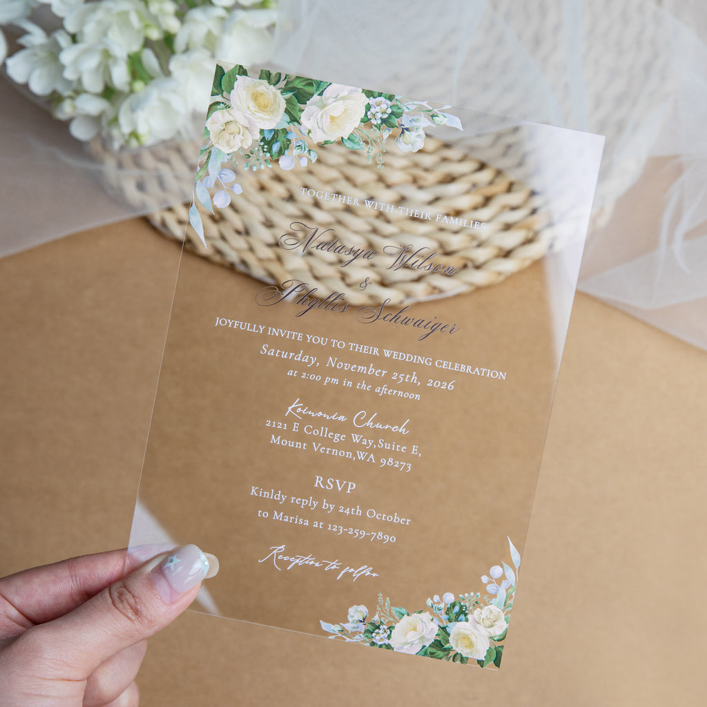 PONATIA 1mm/0.04'' Clear Acrylic White Flower Wedding Invitation Cards  and Ivory Envelopes