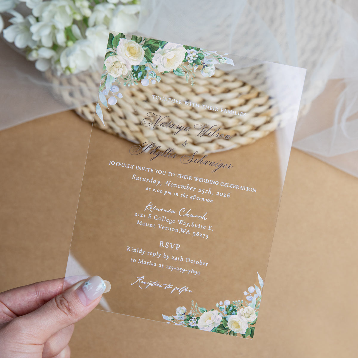 PONATIA 1mm/0.04'' Clear Acrylic White Flower Wedding Invitation Cards  and Ivory Envelopes