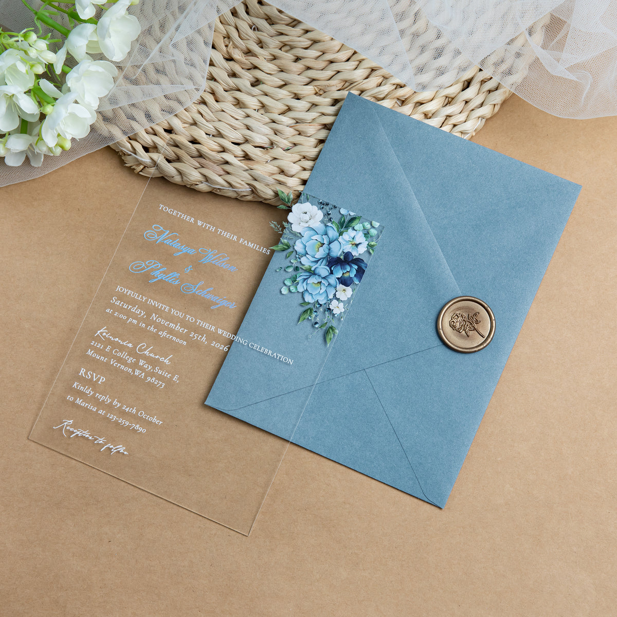 PONATIA 1mm/0.04'' Clear Acrylic Flower Wedding Invitation Cards  and Dusty Blue Envelopes