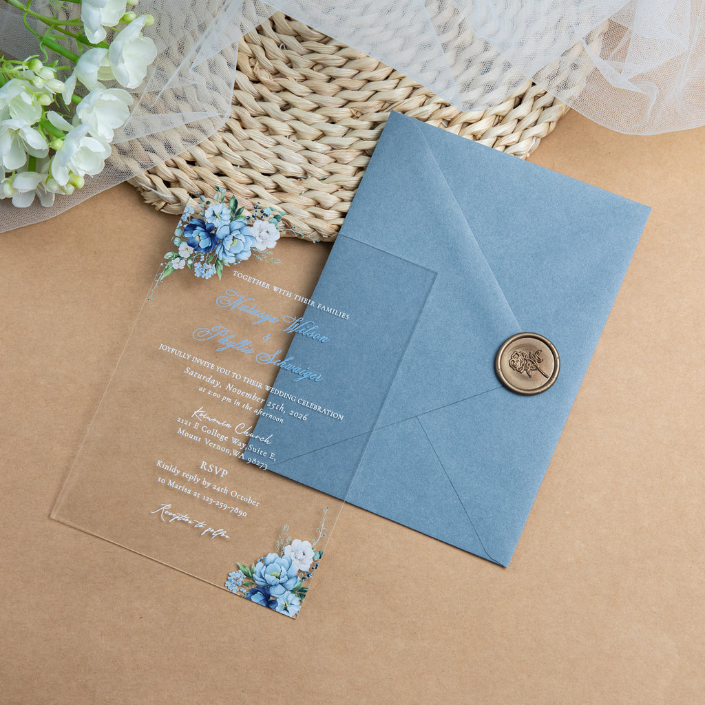PONATIA 1mm/0.04'' Clear Acrylic Floral Wedding Invitation Cards  and Dusty Blue Envelopes