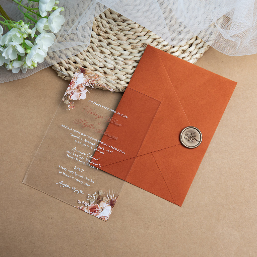 PONATIA 1mm/0.04'' Clear Acrylic Floral Wedding Invitation Cards  and Burnt Orange Envelope