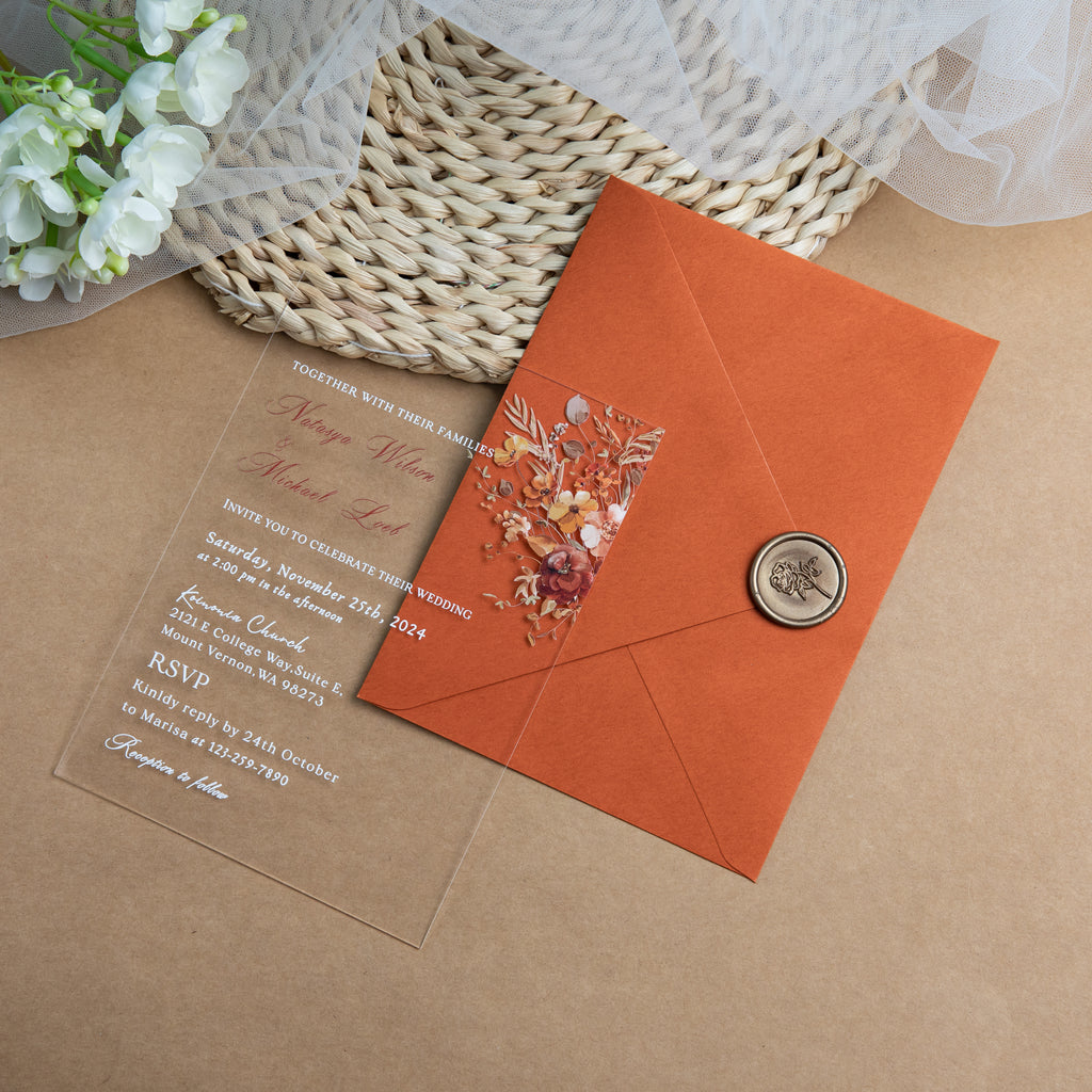 PONATIA 1mm/0.04'' Clear Acrylic Floral Wedding Invitation Cards  and Burnt Orange Envelopes
