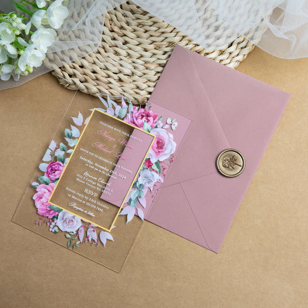 PONATIA 1mm/0.04'' Clear Acrylic Floral Wedding Invitation Cards  and Dusty Rose Envelopes