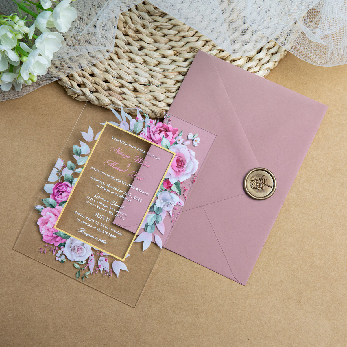 PONATIA 1mm/0.04'' Clear Acrylic Floral Wedding Invitation Cards  and Dusty Rose Envelopes