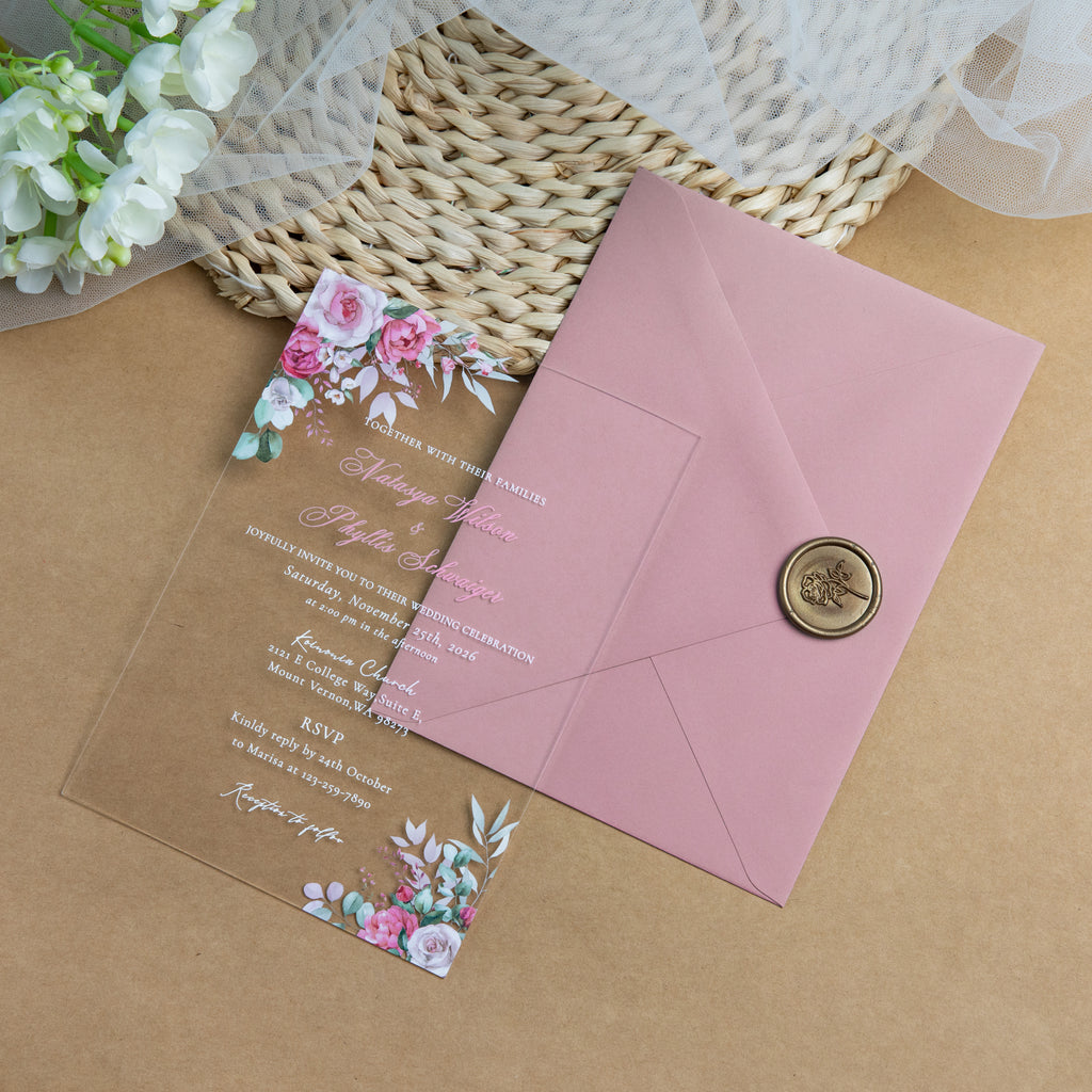 PONATIA 1mm/0.04'' Clear Acrylic Flower Wedding Invitation Cards  and Dusty Rose Envelopes