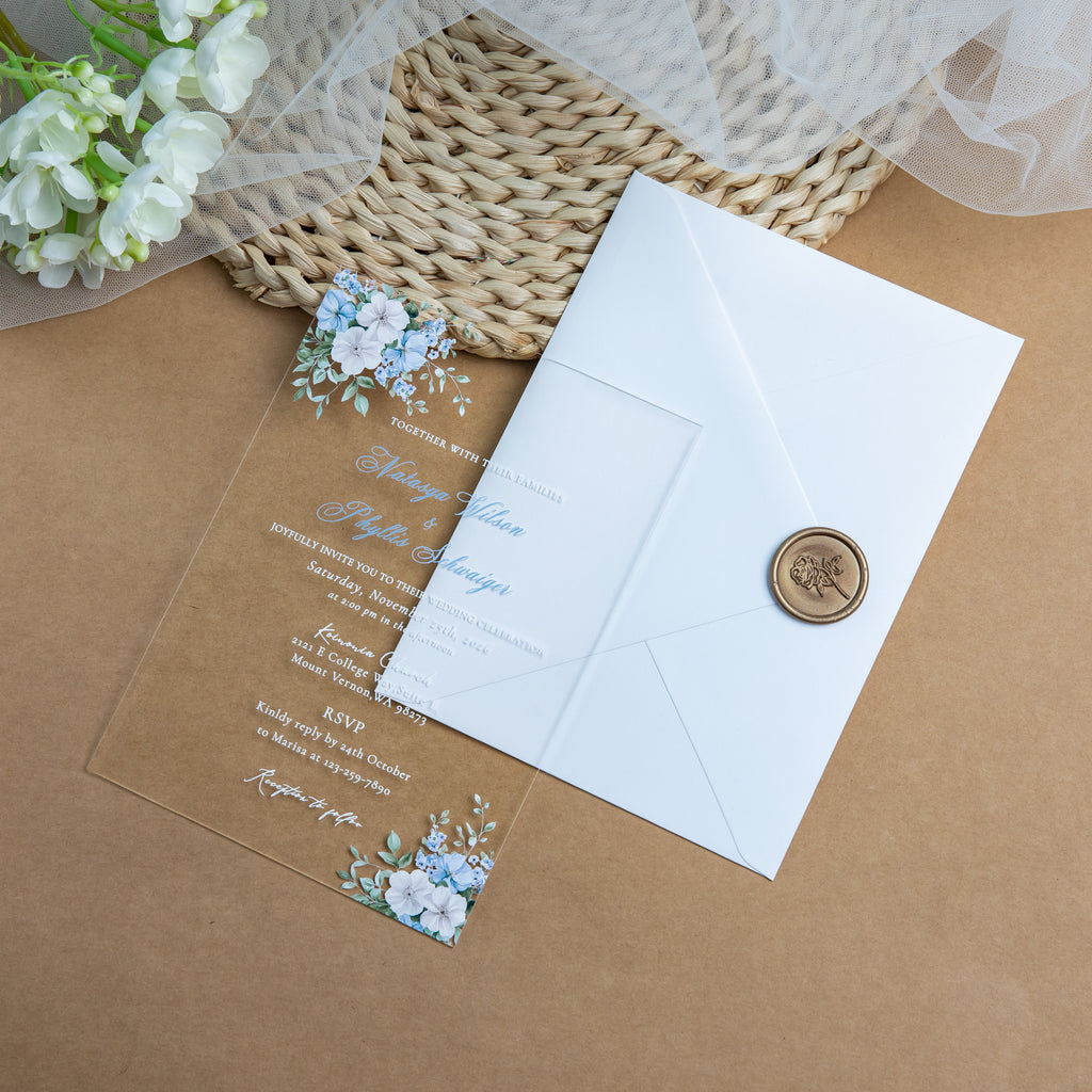 PONATIA 1mm/0.04'' Clear Acrylic Blue Floral Wedding Invitation Cards  and Ivory Envelopes