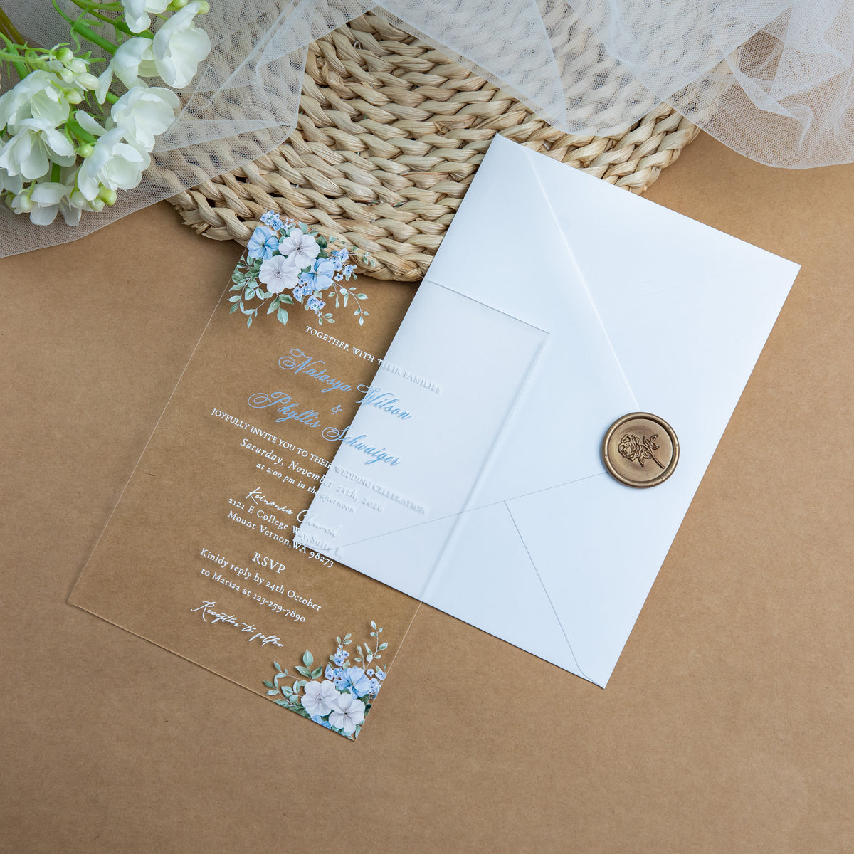 PONATIA 1mm/0.04'' Clear Acrylic Blue Floral Wedding Invitation Cards  and Ivory Envelopes