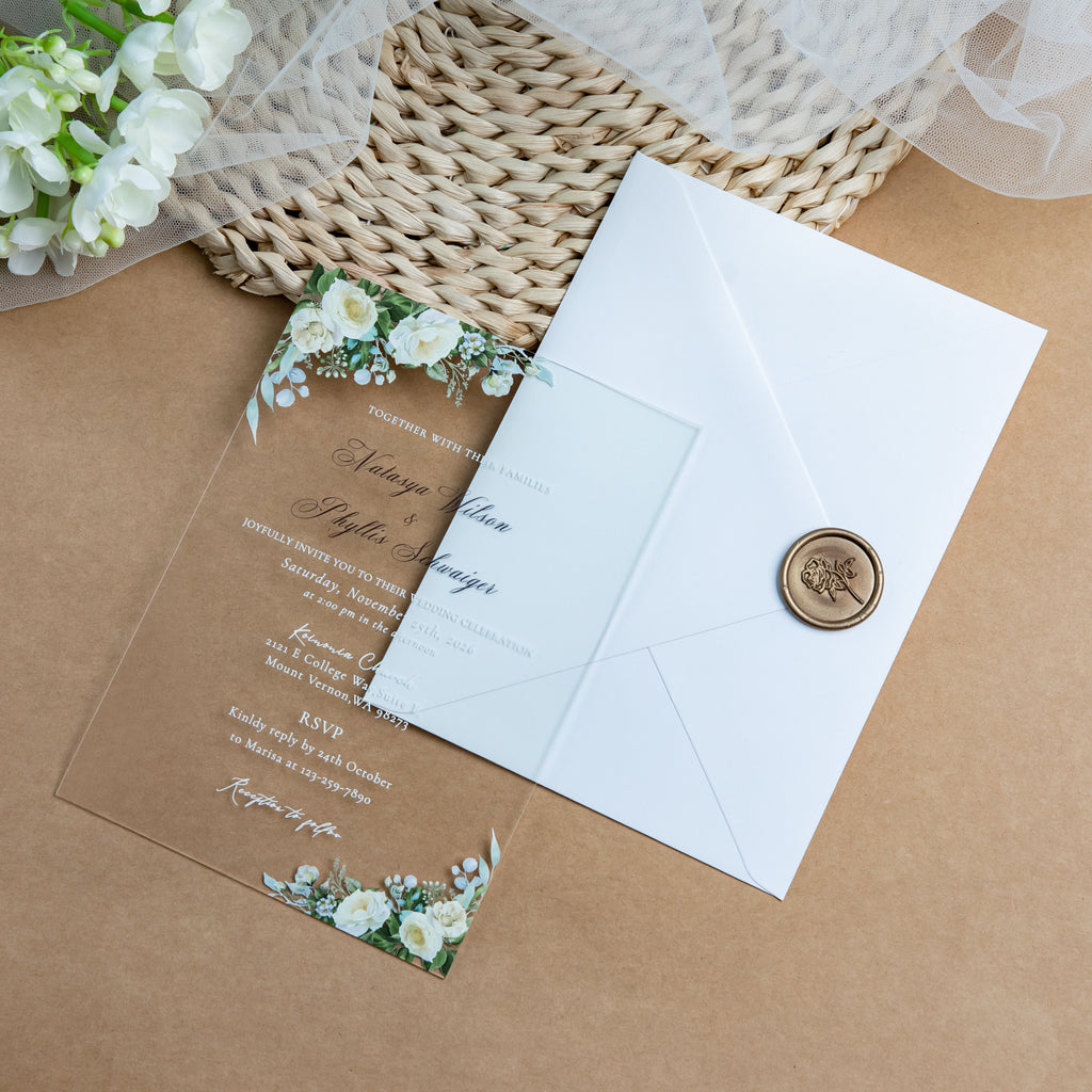 PONATIA 1mm/0.04'' Clear Acrylic White Flower Wedding Invitation Cards  and Ivory Envelopes