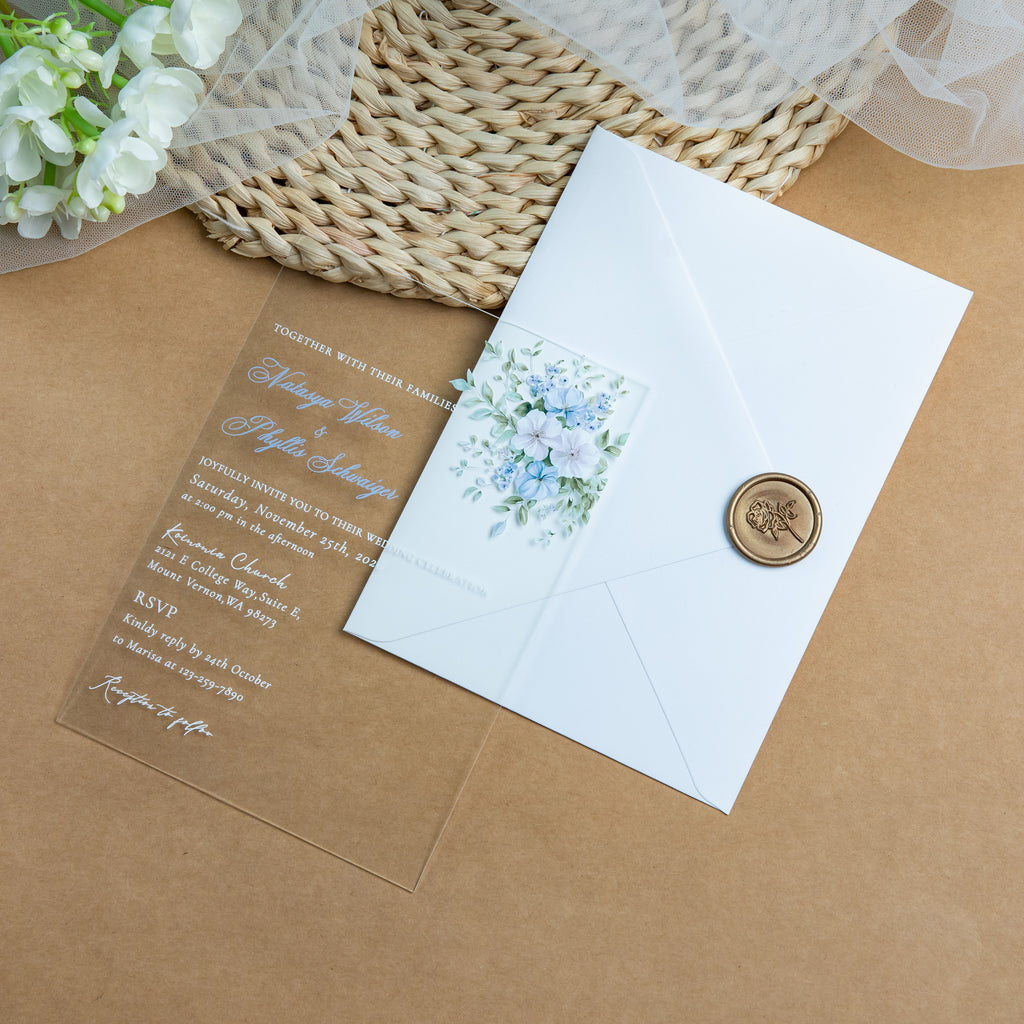 PONATIA 1mm/0.04'' Clear Acrylic Blue Flower Wedding Invitation Cards  and Ivory Envelopes