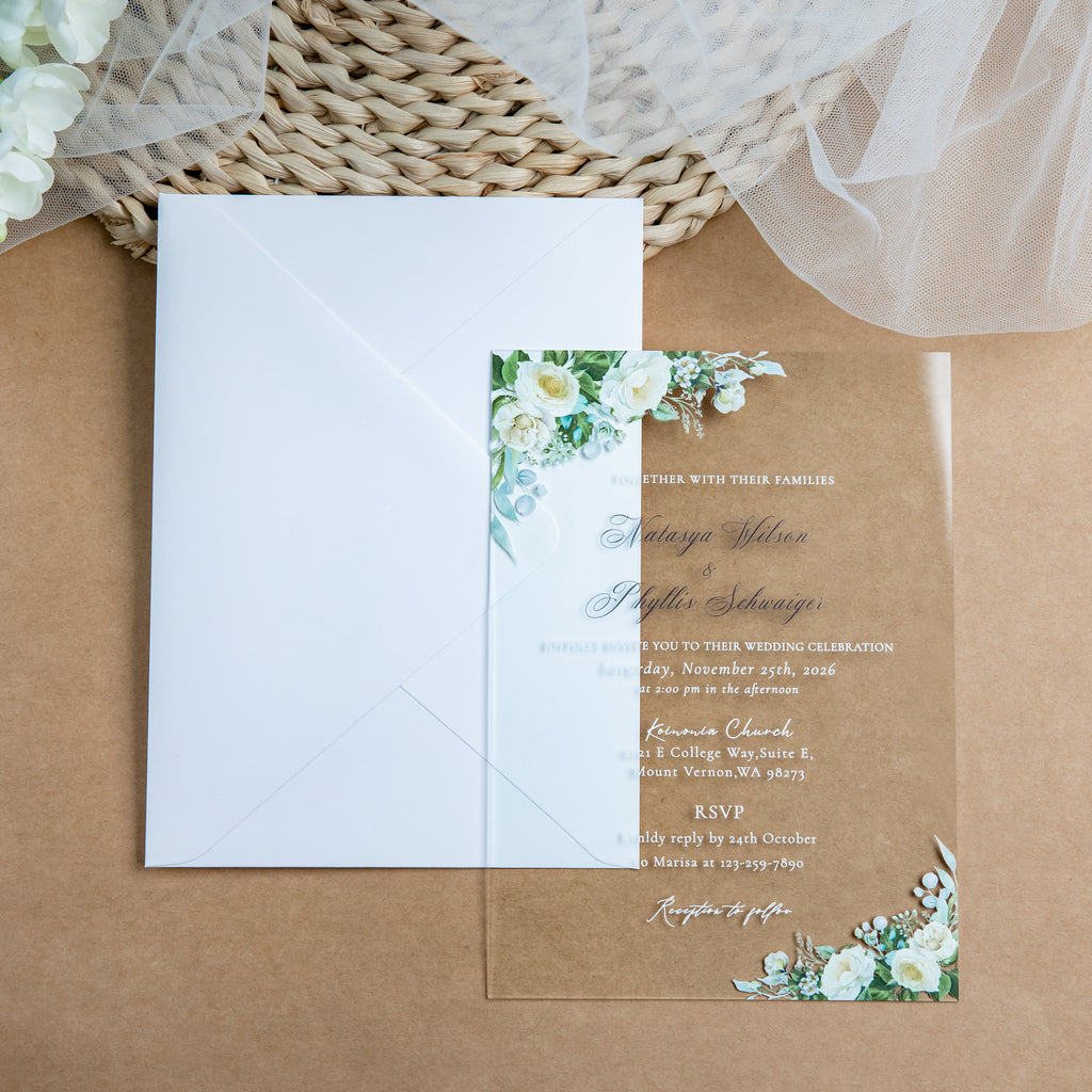 PONATIA 1mm/0.04'' Clear Acrylic White Flower Wedding Invitation Cards  and Ivory Envelopes