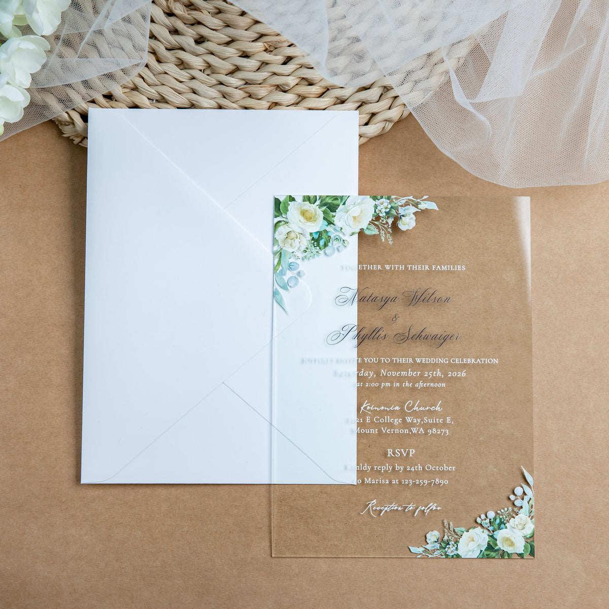 PONATIA 1mm/0.04'' Clear Acrylic White Flower Wedding Invitation Cards  and Ivory Envelopes