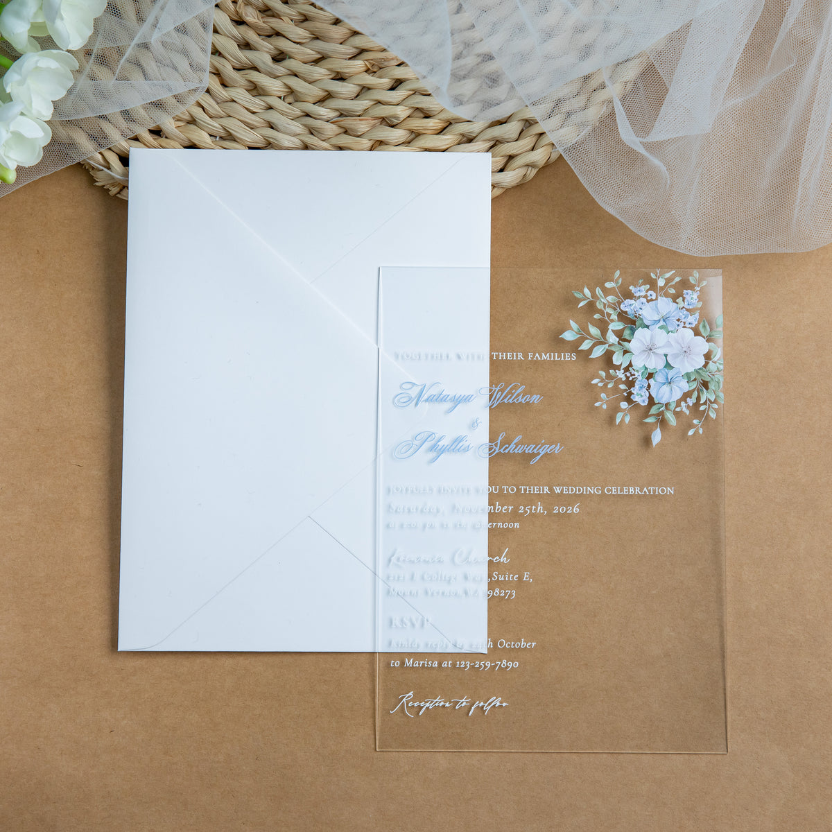 PONATIA 1mm/0.04'' Clear Acrylic Blue Flower Wedding Invitation Cards  and Ivory Envelopes
