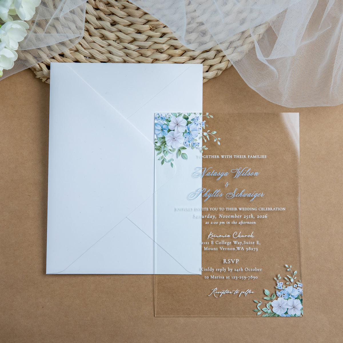PONATIA 1mm/0.04'' Clear Acrylic Blue Floral Wedding Invitation Cards  and Ivory Envelopes