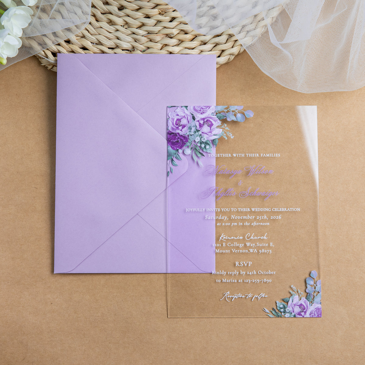 PONATIA 1mm/0.04'' Clear Acrylic Flower Wedding Invitation Cards  and Lilac Envelopes