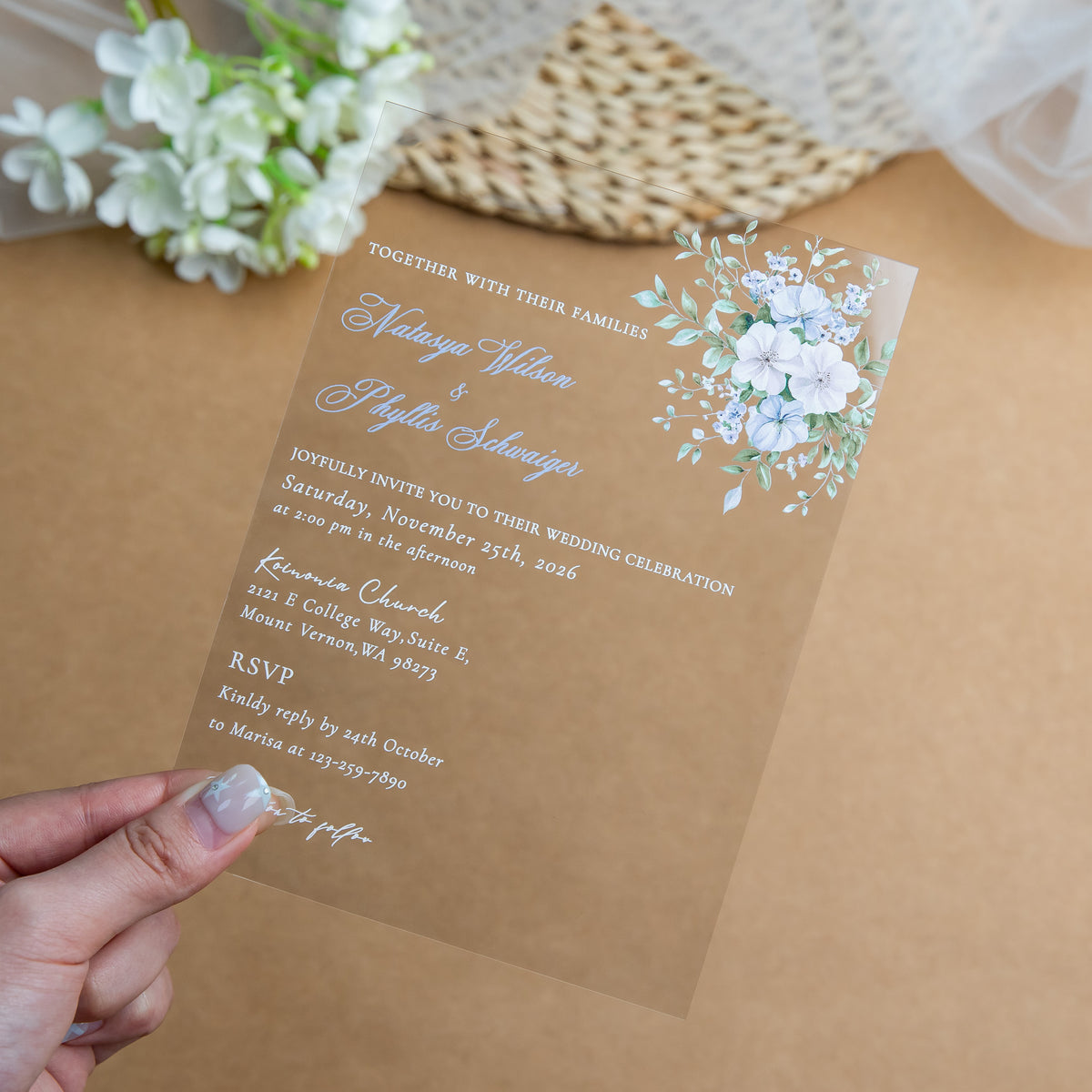 PONATIA 1mm/0.04'' Clear Acrylic Blue Flower Wedding Invitation Cards  and Ivory Envelopes