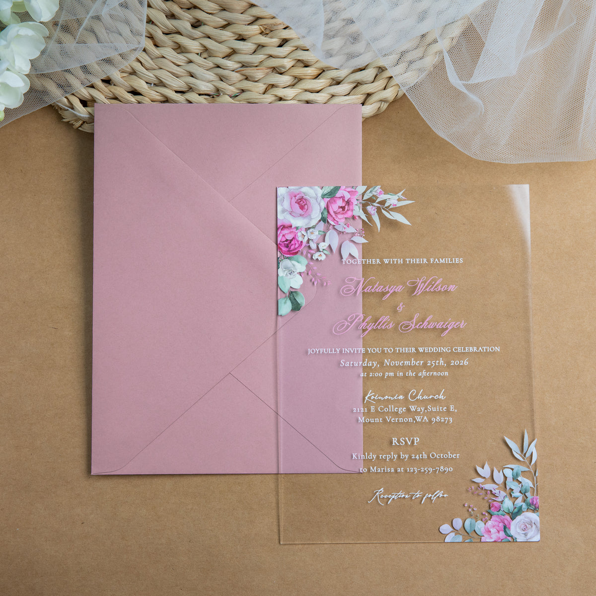 PONATIA 1mm/0.04'' Clear Acrylic Flower Wedding Invitation Cards  and Dusty Rose Envelopes