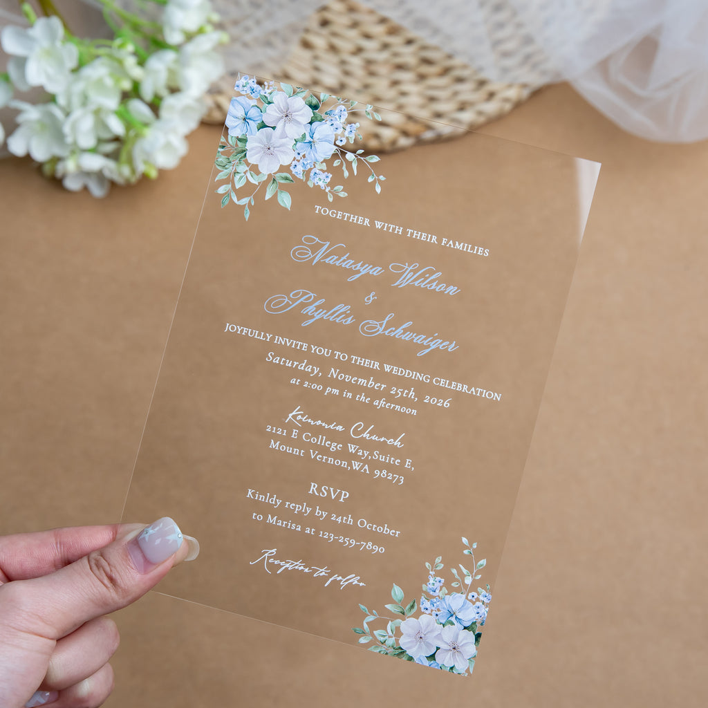PONATIA 1mm/0.04'' Clear Acrylic Blue Floral Wedding Invitation Cards  and Ivory Envelopes