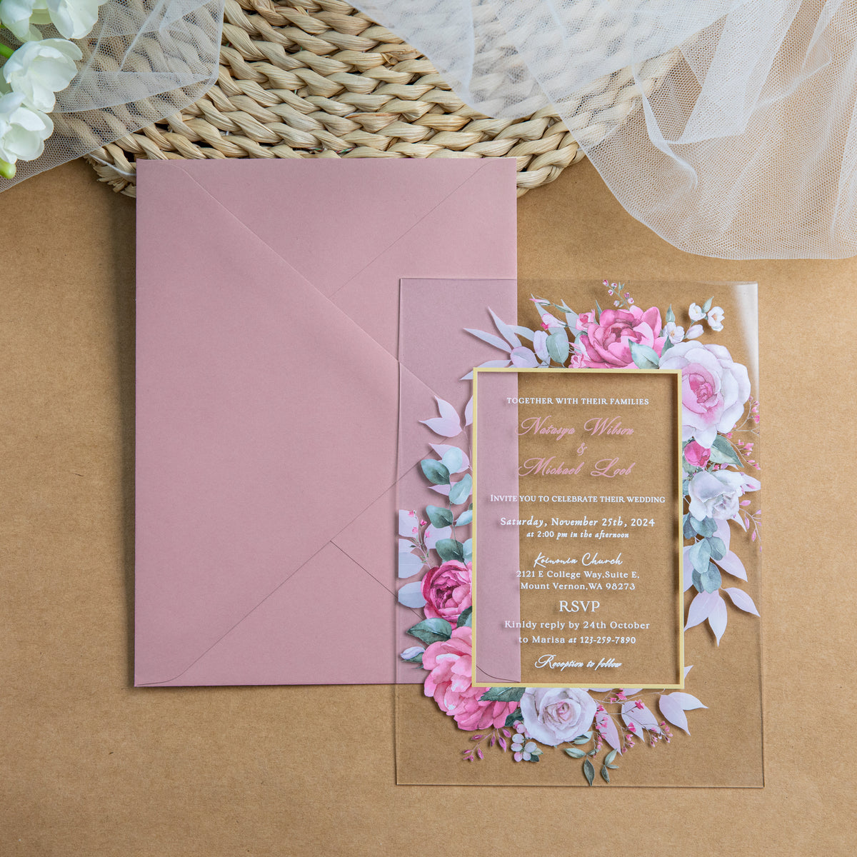 PONATIA 1mm/0.04'' Clear Acrylic Floral Wedding Invitation Cards  and Dusty Rose Envelopes
