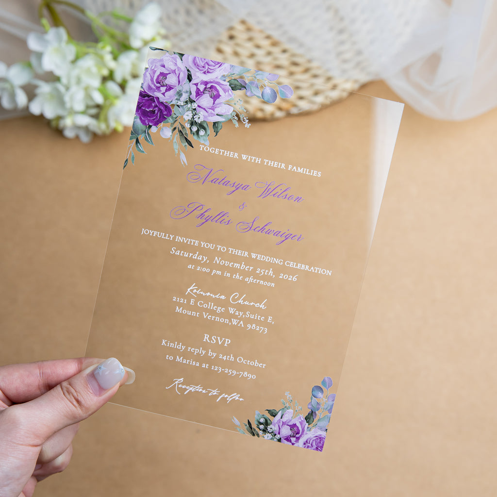 PONATIA 1mm/0.04'' Clear Acrylic Flower Wedding Invitation Cards  and Lilac Envelopes