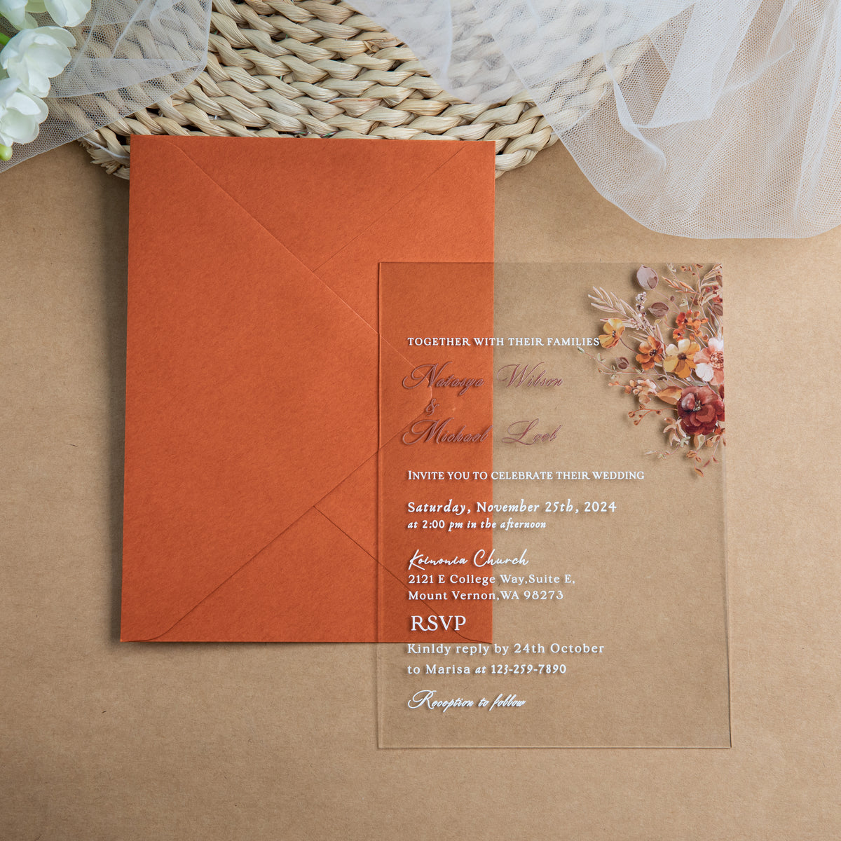 PONATIA 1mm/0.04'' Clear Acrylic Floral Wedding Invitation Cards  and Burnt Orange Envelopes
