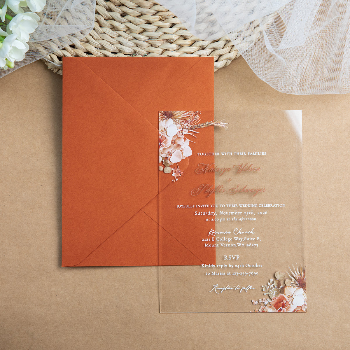 PONATIA 1mm/0.04'' Clear Acrylic Floral Wedding Invitation Cards  and Burnt Orange Envelope
