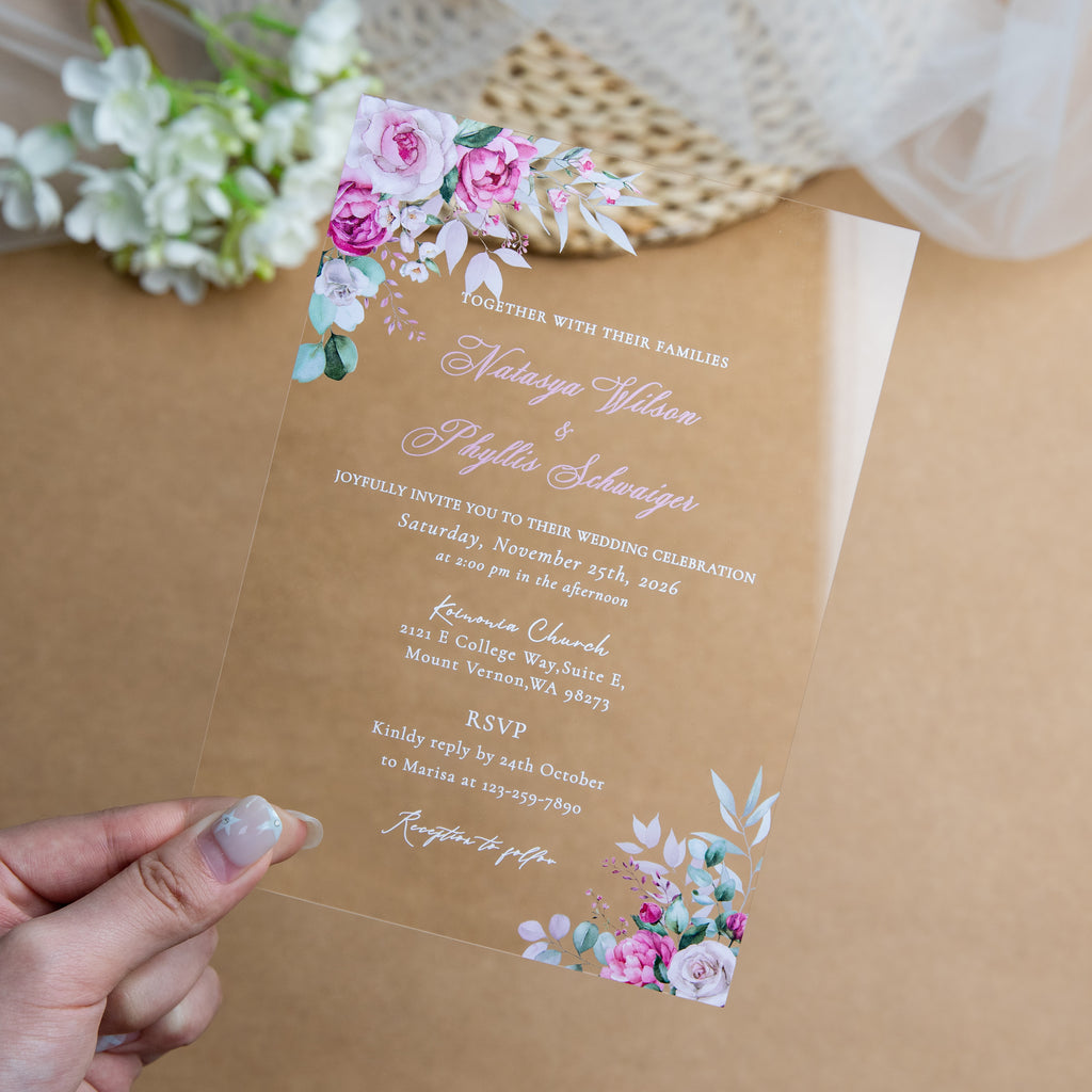 PONATIA 1mm/0.04'' Clear Acrylic Flower Wedding Invitation Cards  and Dusty Rose Envelopes