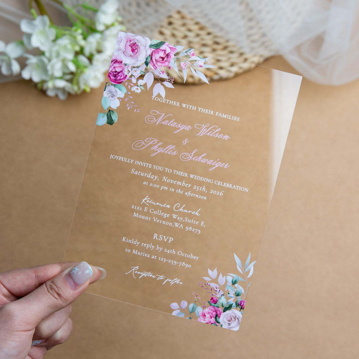 PONATIA 1mm/0.04'' Clear Acrylic Flower Wedding Invitation Cards  and Dusty Rose Envelopes