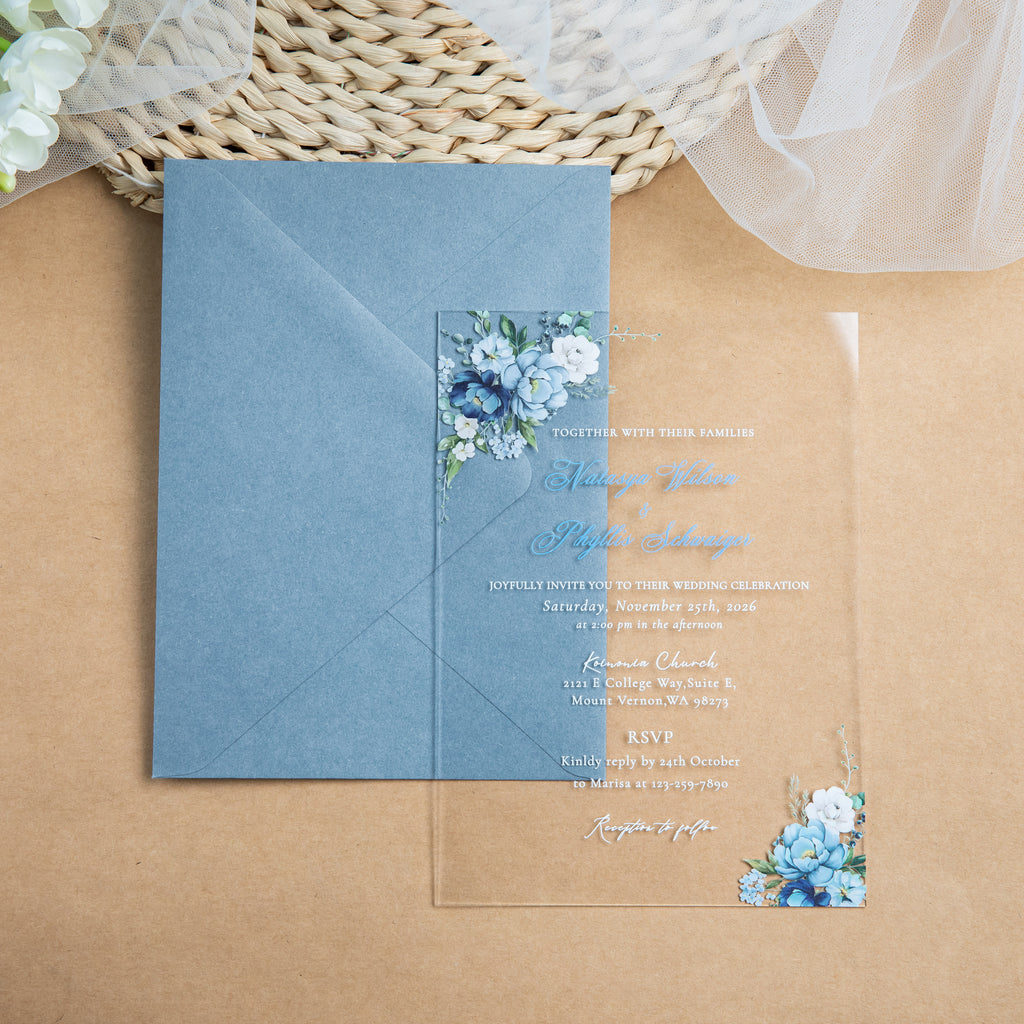 PONATIA 1mm/0.04'' Clear Acrylic Floral Wedding Invitation Cards  and Dusty Blue Envelopes