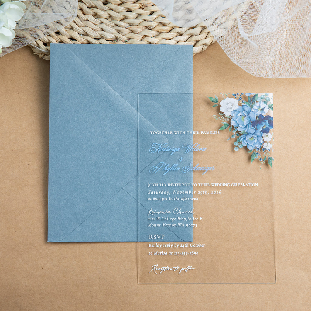 PONATIA 1mm/0.04'' Clear Acrylic Flower Wedding Invitation Cards  and Dusty Blue Envelopes