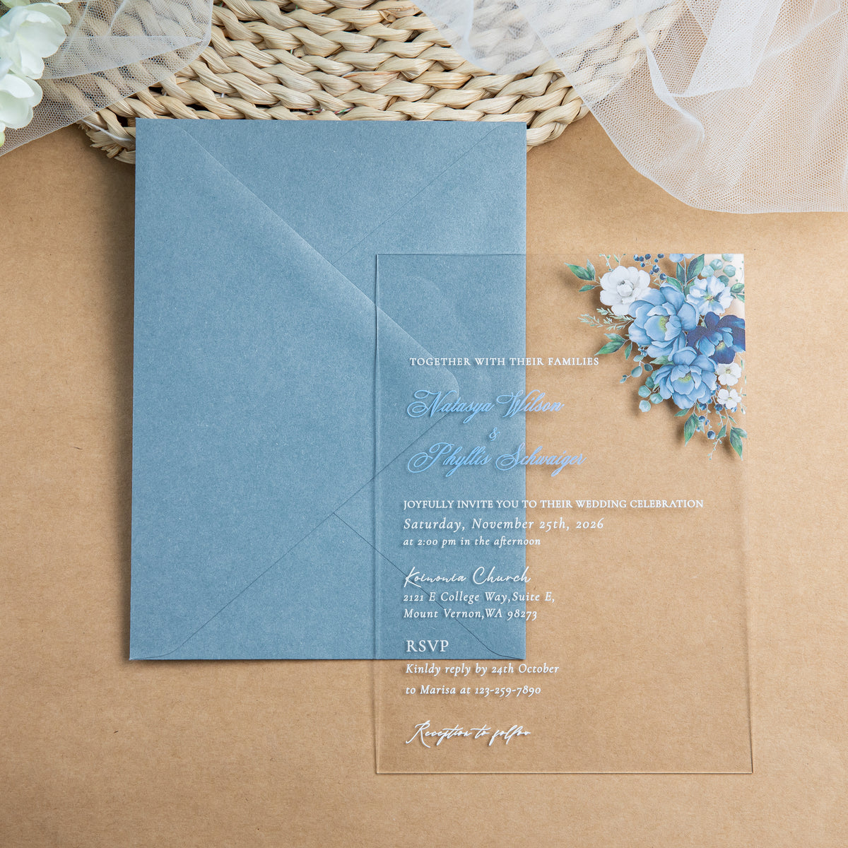 PONATIA 1mm/0.04'' Clear Acrylic Flower Wedding Invitation Cards  and Dusty Blue Envelopes