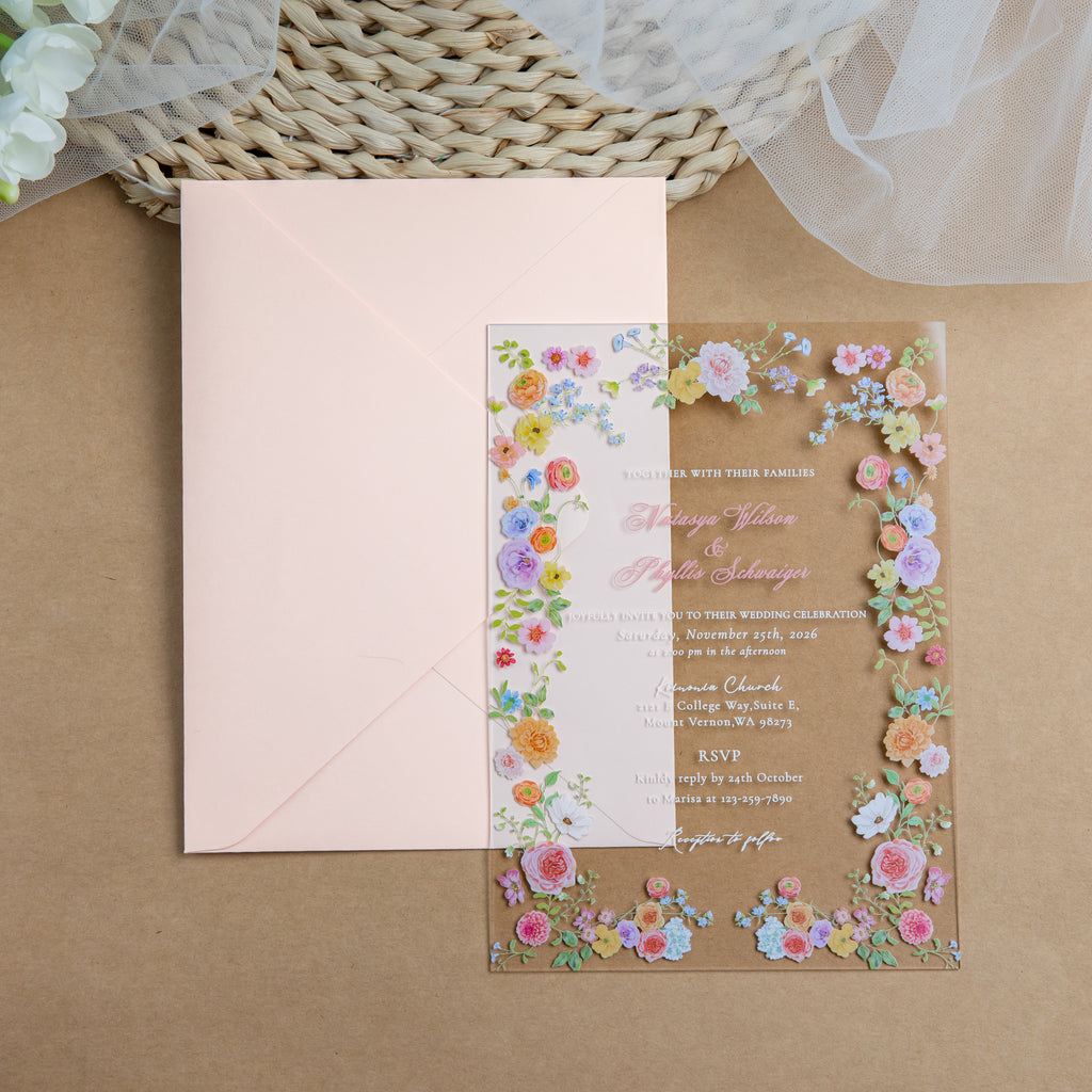 PONATIA 1mm/0.04'' Clear Acrylic Floral Wedding Invitation Cards  and Light Pink Envelopes