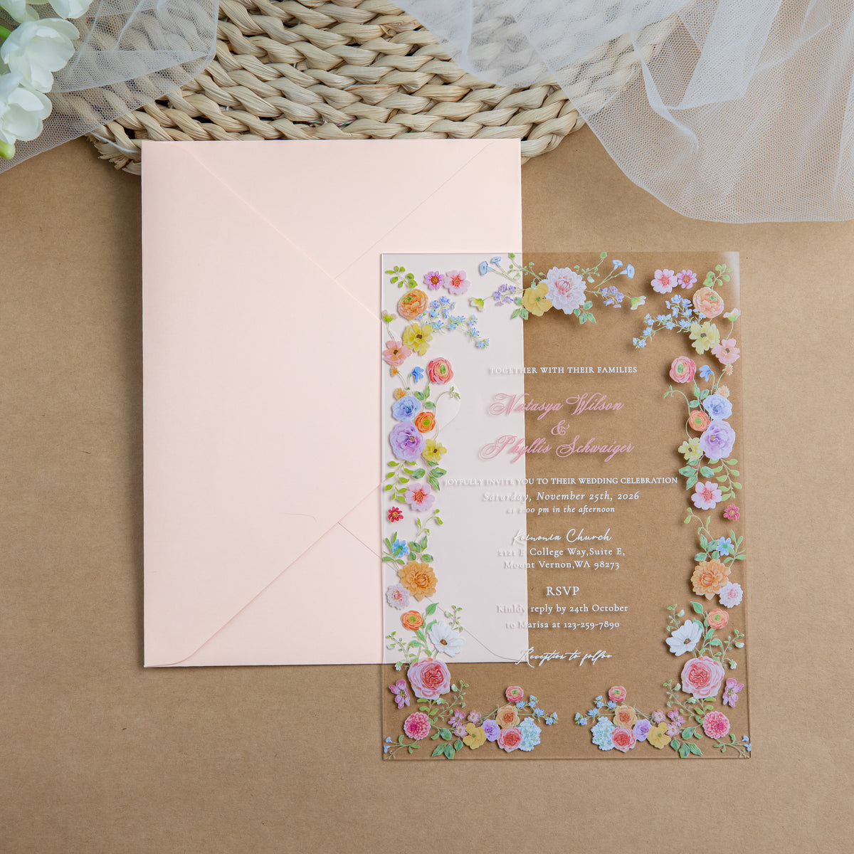 PONATIA 1mm/0.04'' Clear Acrylic Floral Wedding Invitation Cards  and Light Pink Envelopes