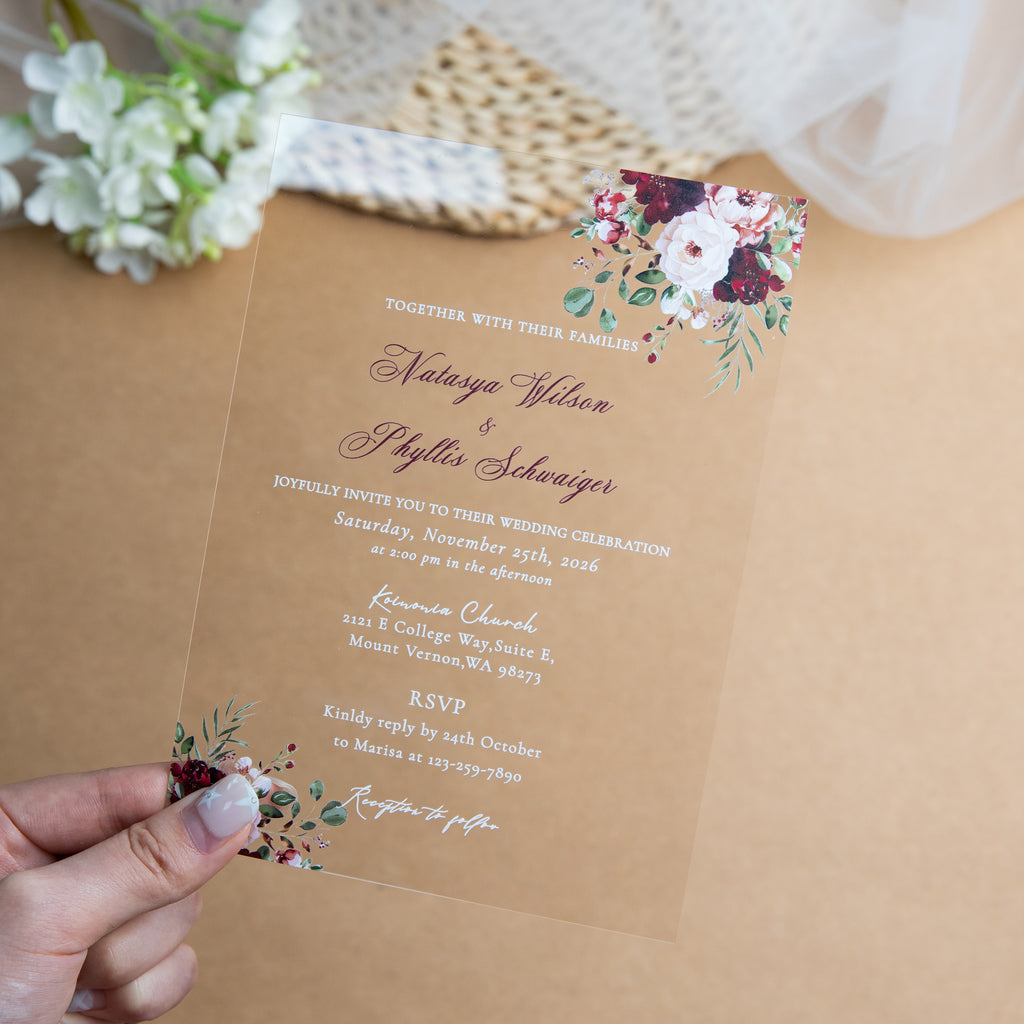 PONATIA 1mm/0.04'' Clear Acrylic Flower Wedding Invitation Cards  and Burgundy Envelopes