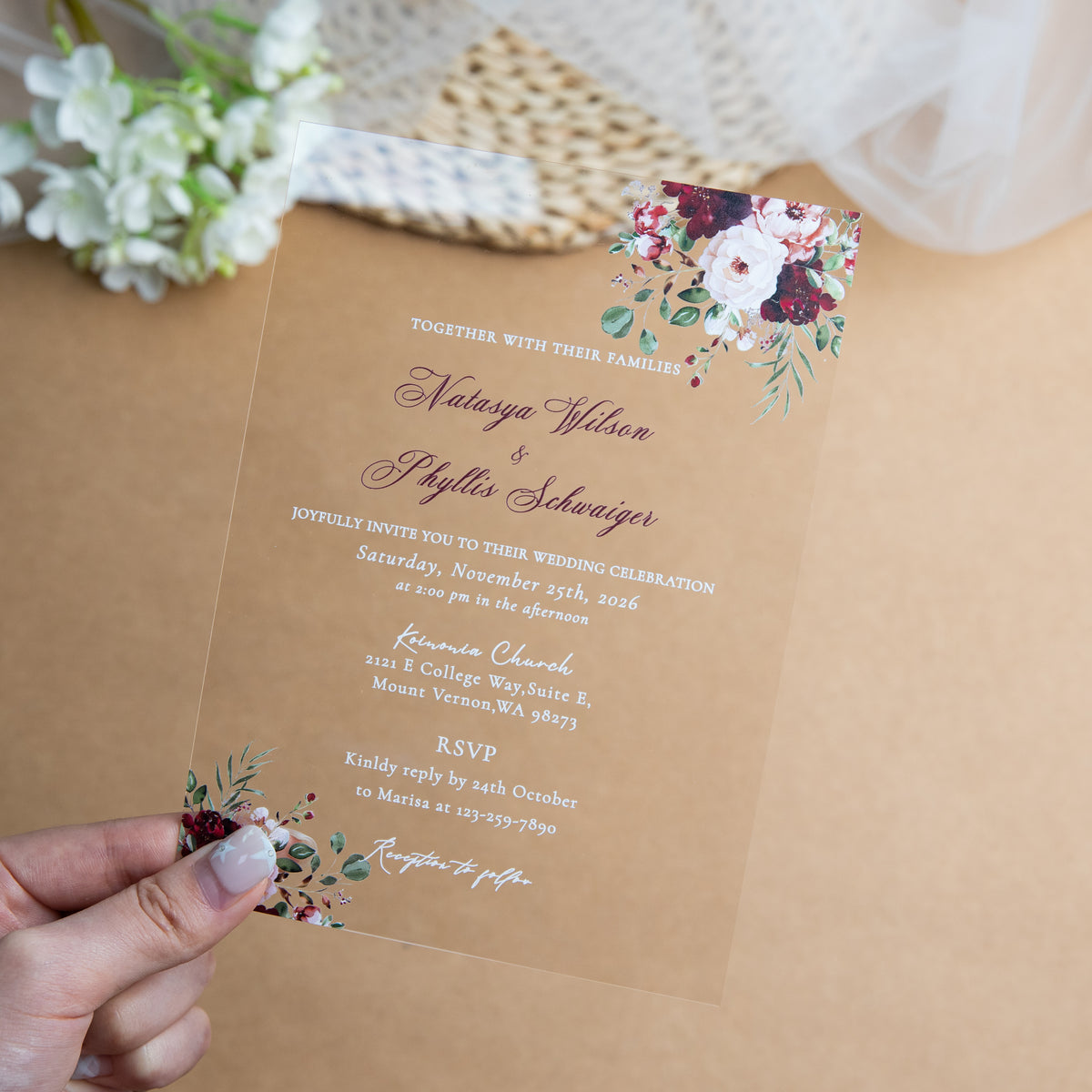 PONATIA 1mm/0.04'' Clear Acrylic Flower Wedding Invitation Cards  and Burgundy Envelopes