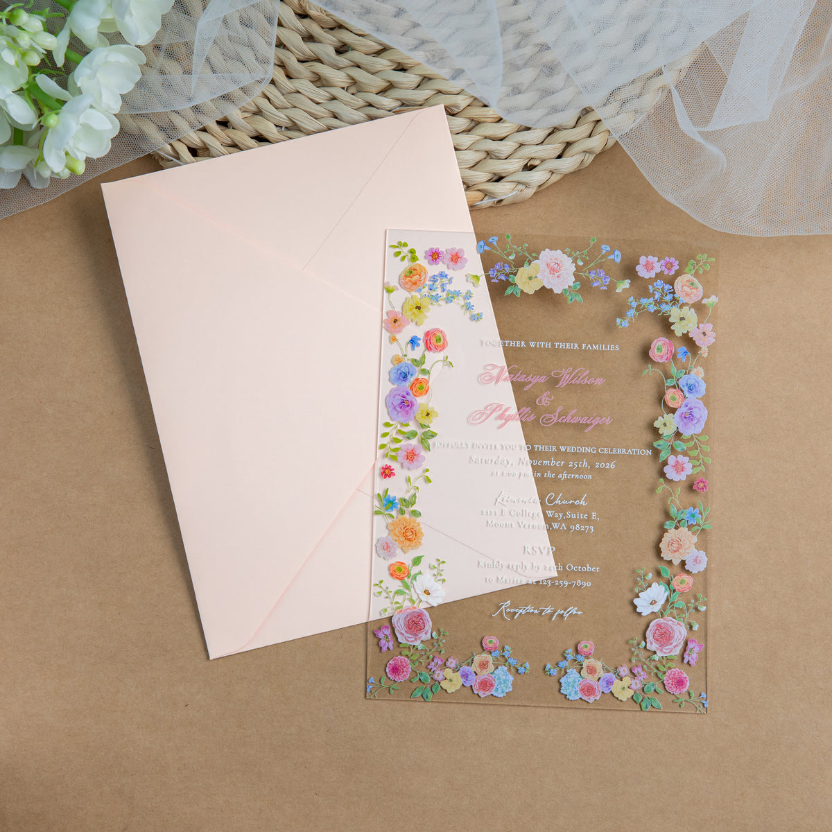 PONATIA 1mm/0.04'' Clear Acrylic Floral Wedding Invitation Cards  and Light Pink Envelopes