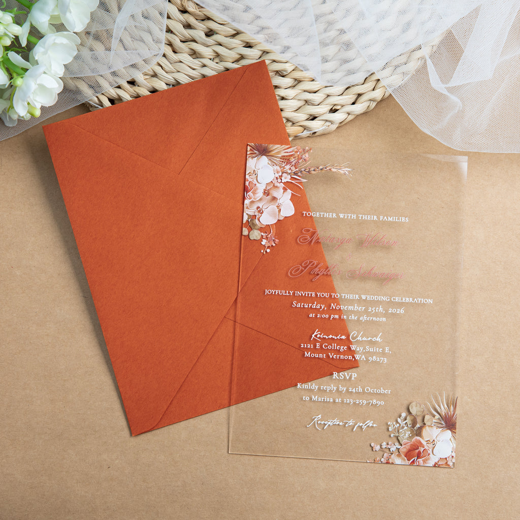 PONATIA 1mm/0.04'' Clear Acrylic Floral Wedding Invitation Cards  and Burnt Orange Envelope