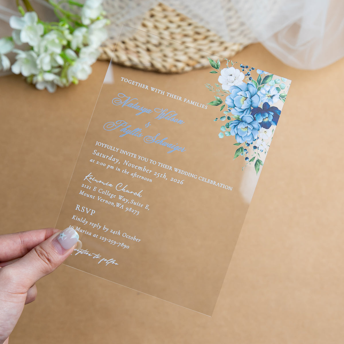 PONATIA 1mm/0.04'' Clear Acrylic Flower Wedding Invitation Cards  and Dusty Blue Envelopes
