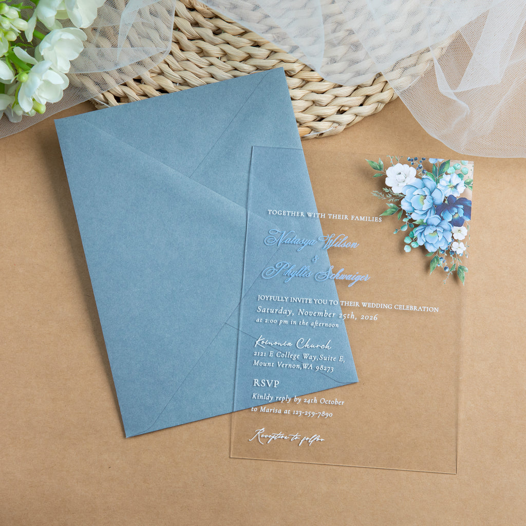 PONATIA 1mm/0.04'' Clear Acrylic Flower Wedding Invitation Cards  and Dusty Blue Envelopes
