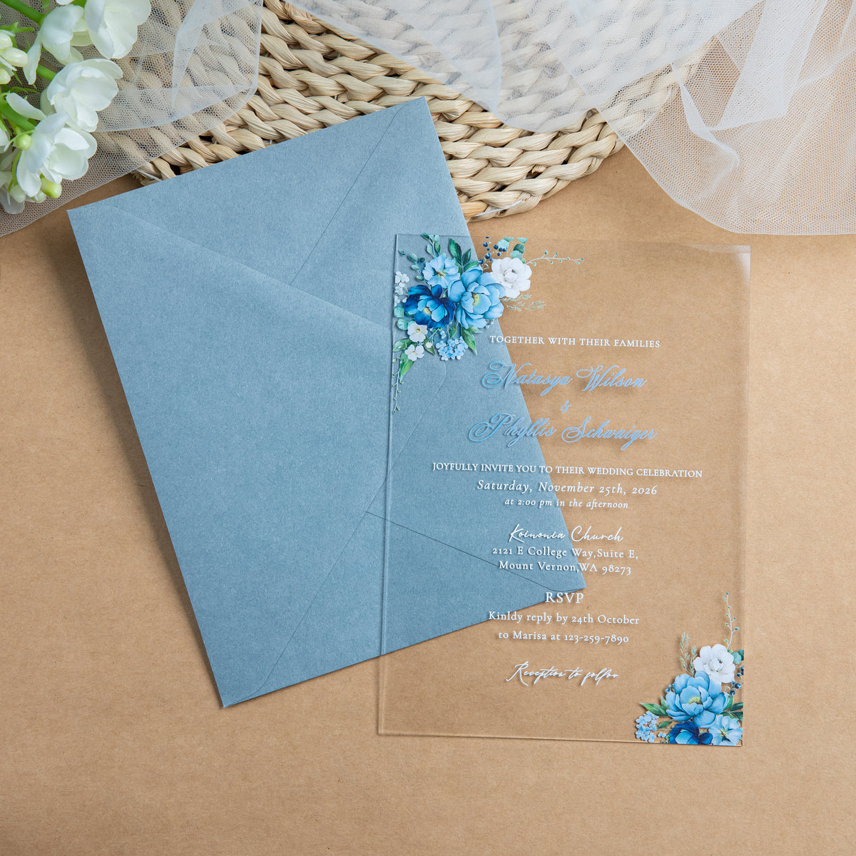 PONATIA 1mm/0.04'' Clear Acrylic Floral Wedding Invitation Cards  and Dusty Blue Envelopes