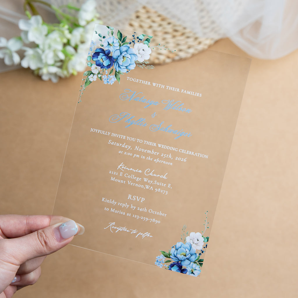 PONATIA 1mm/0.04'' Clear Acrylic Floral Wedding Invitation Cards  and Dusty Blue Envelopes