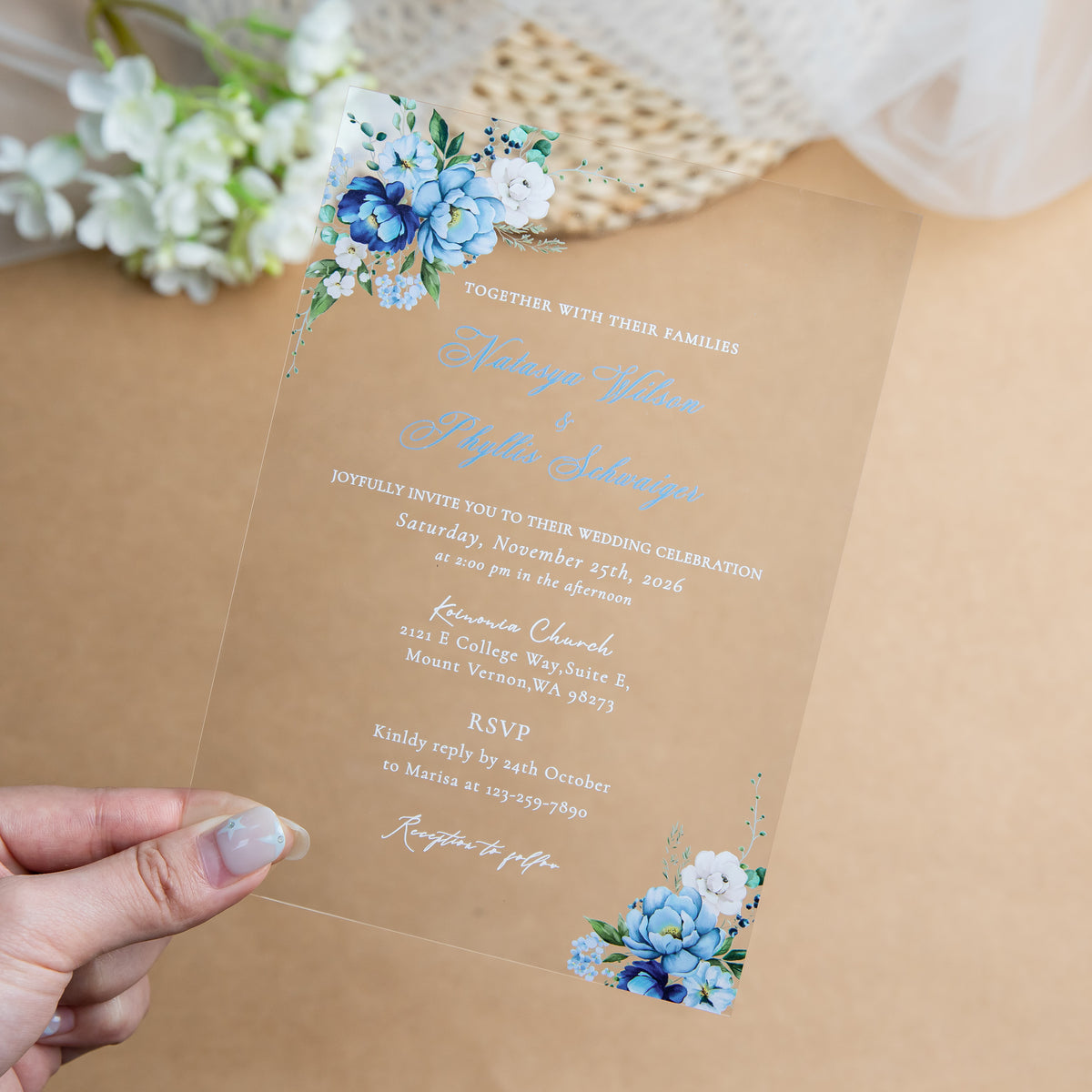 PONATIA 1mm/0.04'' Clear Acrylic Floral Wedding Invitation Cards  and Dusty Blue Envelopes