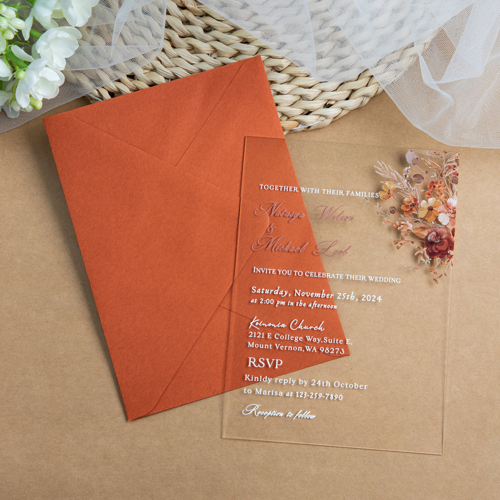 PONATIA 1mm/0.04'' Clear Acrylic Floral Wedding Invitation Cards  and Burnt Orange Envelopes