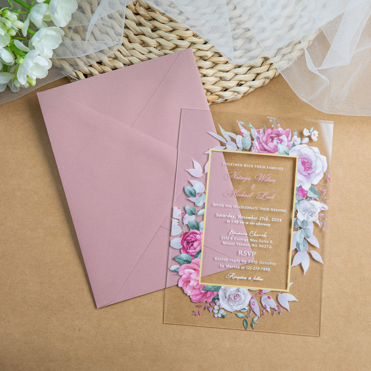 PONATIA 1mm/0.04'' Clear Acrylic Floral Wedding Invitation Cards  and Dusty Rose Envelopes