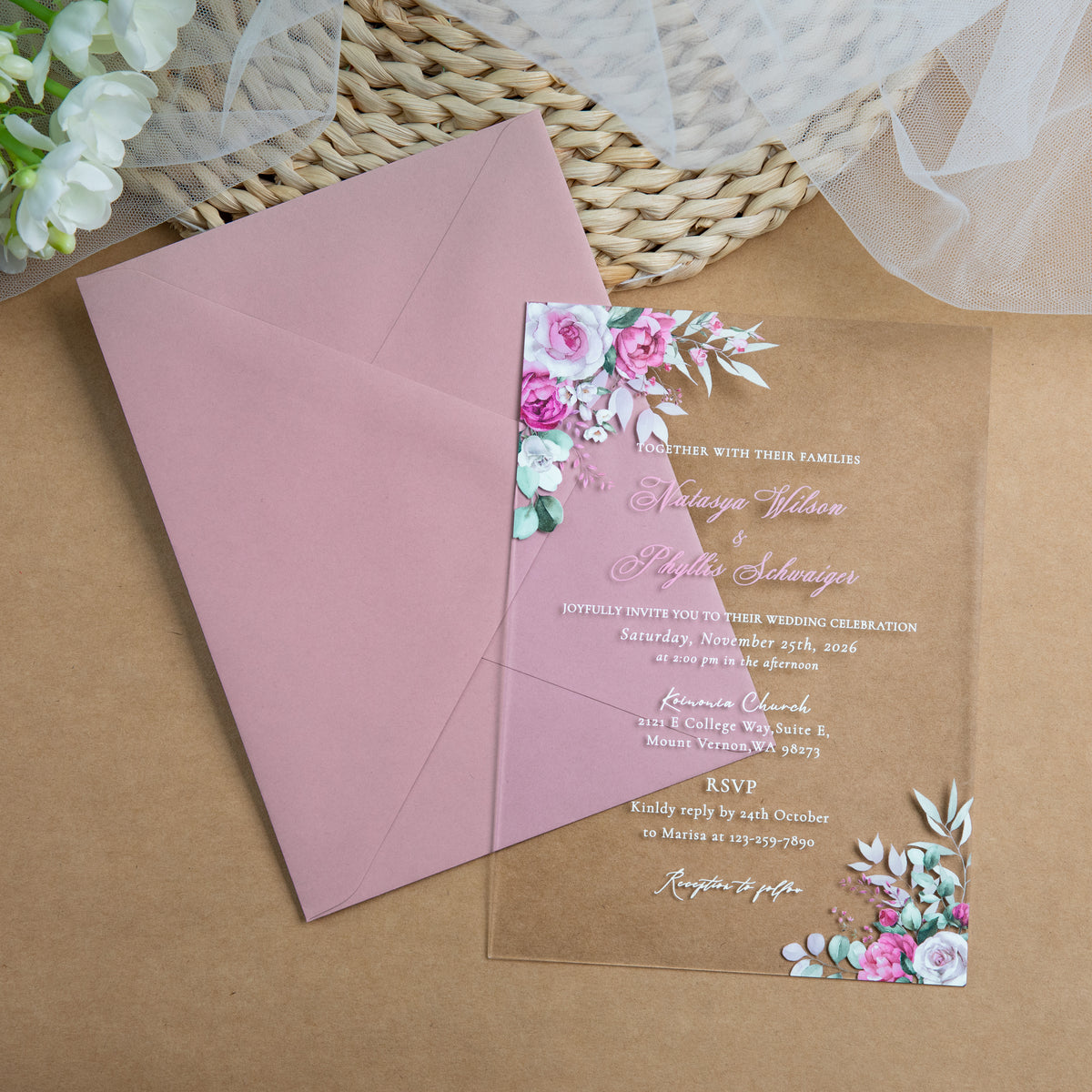 PONATIA 1mm/0.04'' Clear Acrylic Flower Wedding Invitation Cards  and Dusty Rose Envelopes