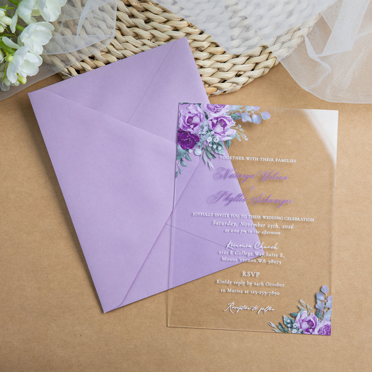 PONATIA 1mm/0.04'' Clear Acrylic Flower Wedding Invitation Cards  and Lilac Envelopes