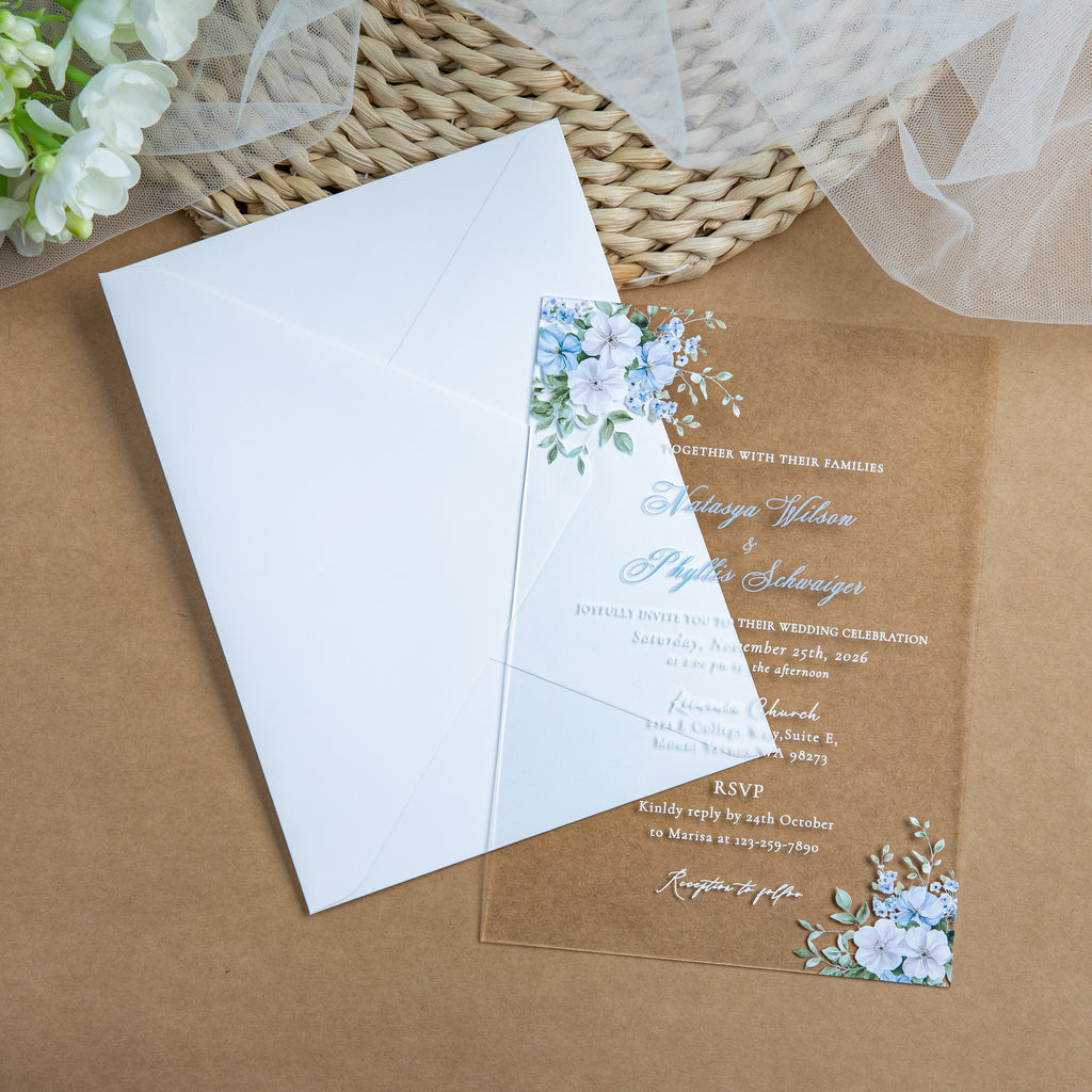 PONATIA 1mm/0.04'' Clear Acrylic Blue Floral Wedding Invitation Cards  and Ivory Envelopes
