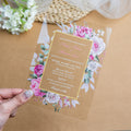 PONATIA 1mm/0.04'' Clear Acrylic Floral Wedding Invitation Cards  and Dusty Rose Envelopes